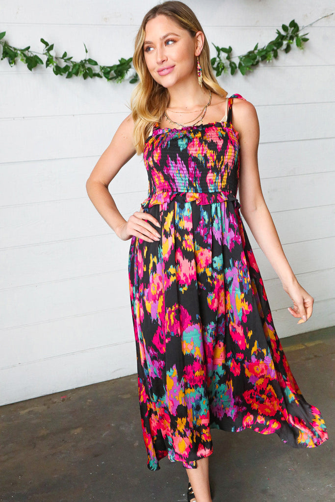 Black Smeared Floral Print Tie Shoulder Midi Dress-Timber Brooke Boutique, Online Women's Fashion Boutique in Amarillo, Texas