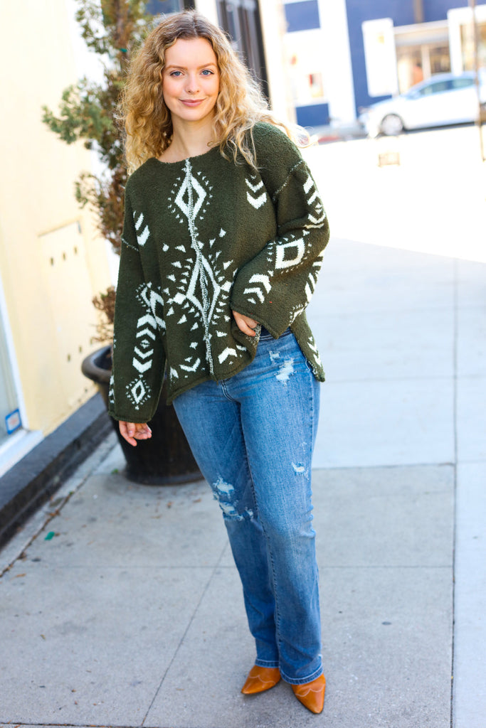 Just A Feeling Olive Aztec Print Fuzzy Sweater-Timber Brooke Boutique, Online Women's Fashion Boutique in Amarillo, Texas