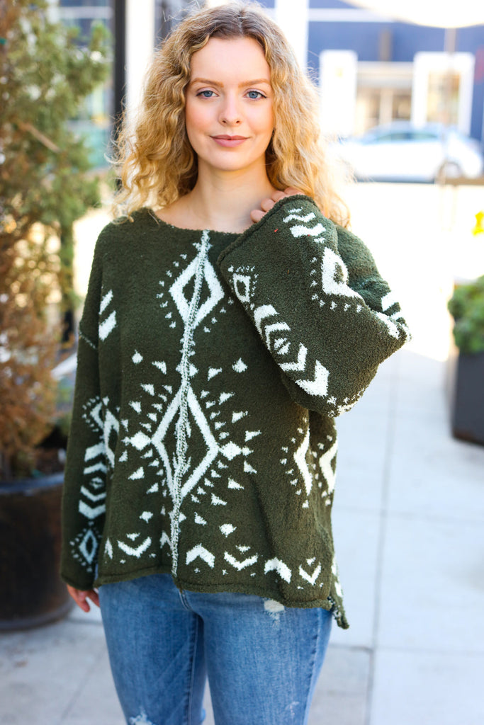 Just A Feeling Olive Aztec Print Fuzzy Sweater-Timber Brooke Boutique, Online Women's Fashion Boutique in Amarillo, Texas