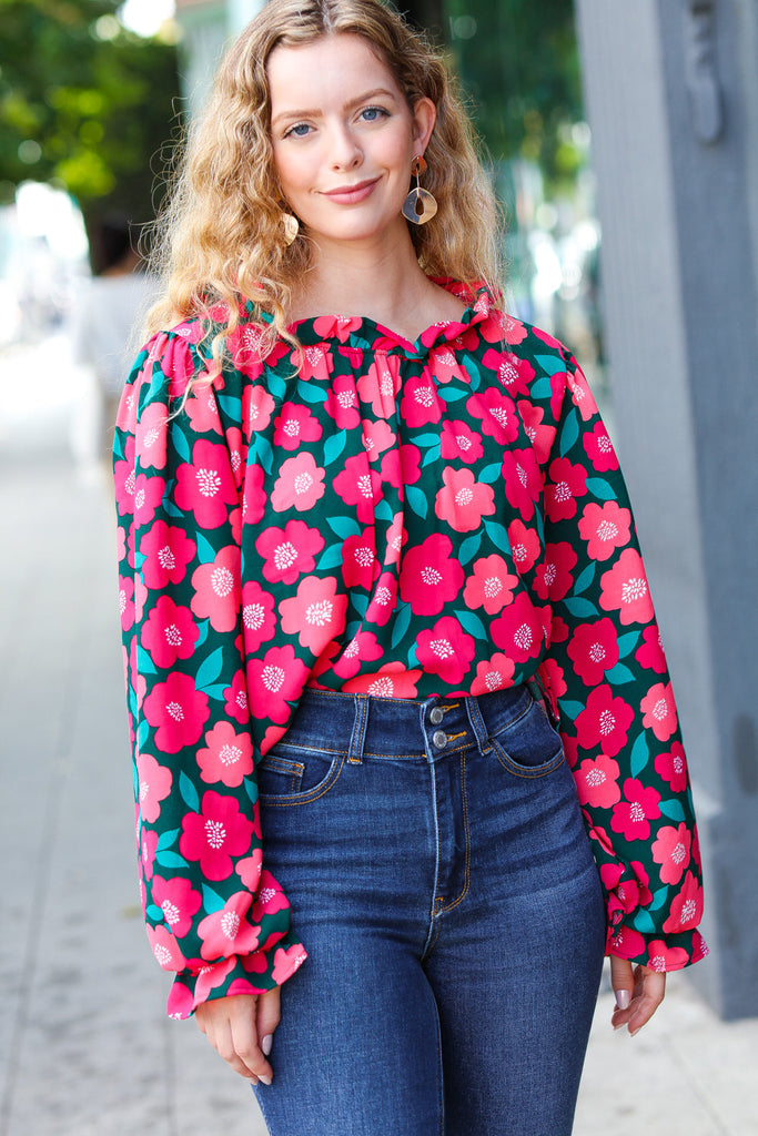 Your Best Days Magenta & Hunter Green Floral Print Frill Neck Top-Long Sleeve Tops-Timber Brooke Boutique, Online Women's Fashion Boutique in Amarillo, Texas