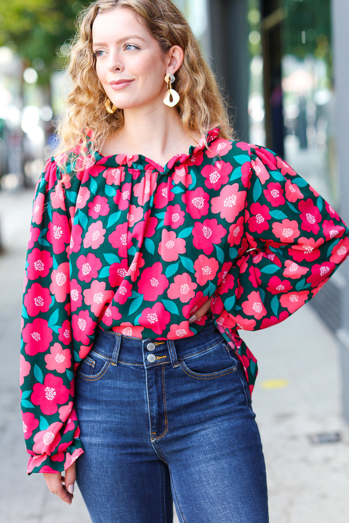 Your Best Days Magenta & Hunter Green Floral Print Frill Neck Top-Long Sleeve Tops-Timber Brooke Boutique, Online Women's Fashion Boutique in Amarillo, Texas