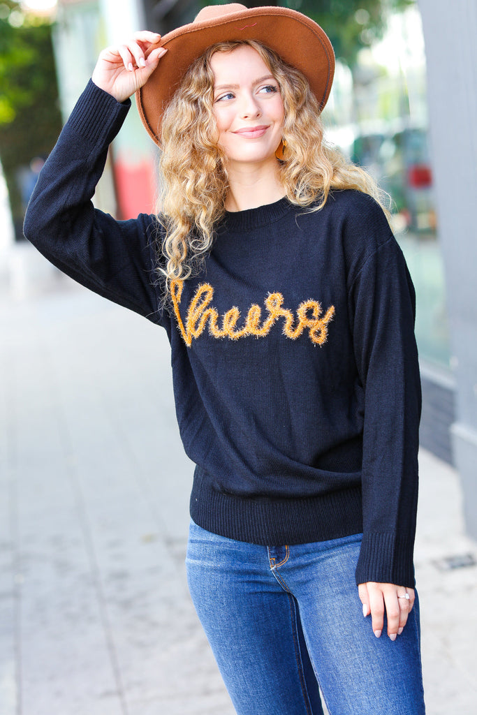 Take Note Black Embroidery "Cheers" Oversized Knit Top-Sweaters-Timber Brooke Boutique, Online Women's Fashion Boutique in Amarillo, Texas