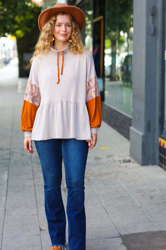 Easy Days Ahead Taupe/Rust Turtleneck Babydoll Terry Top-Long Sleeve Tops-Timber Brooke Boutique, Online Women's Fashion Boutique in Amarillo, Texas