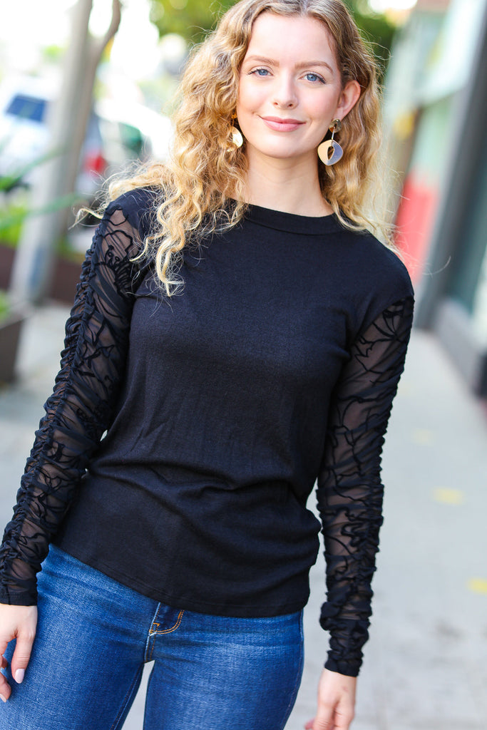 Black Shirred Velvet Mesh Long Sleeve Top-Timber Brooke Boutique, Online Women's Fashion Boutique in Amarillo, Texas