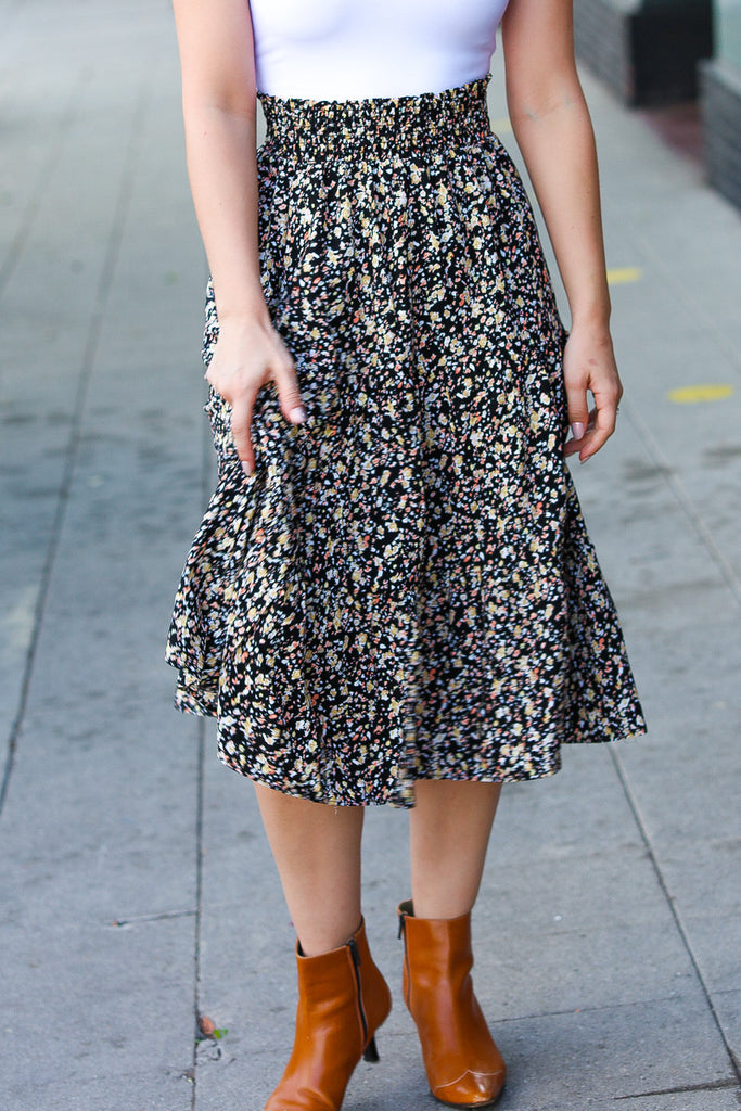 Black Ditzy Floral Smocked Waist Midi Skirt-Timber Brooke Boutique, Online Women's Fashion Boutique in Amarillo, Texas