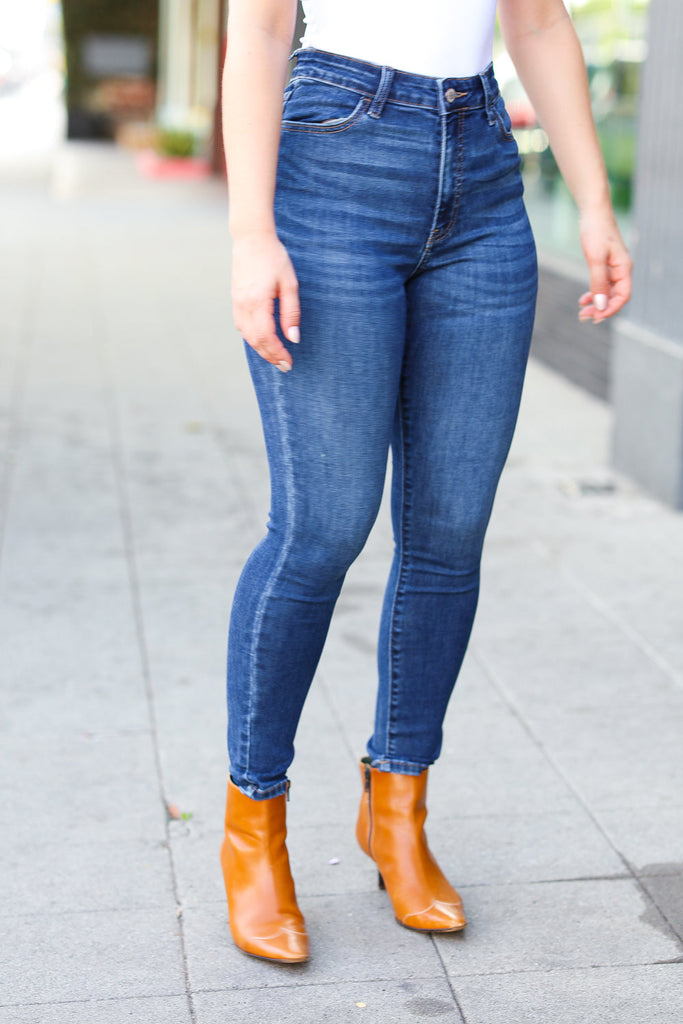 Feeling Bold Dark Blue Denim High Rise Skinny Ankle Jeans-Timber Brooke Boutique, Online Women's Fashion Boutique in Amarillo, Texas