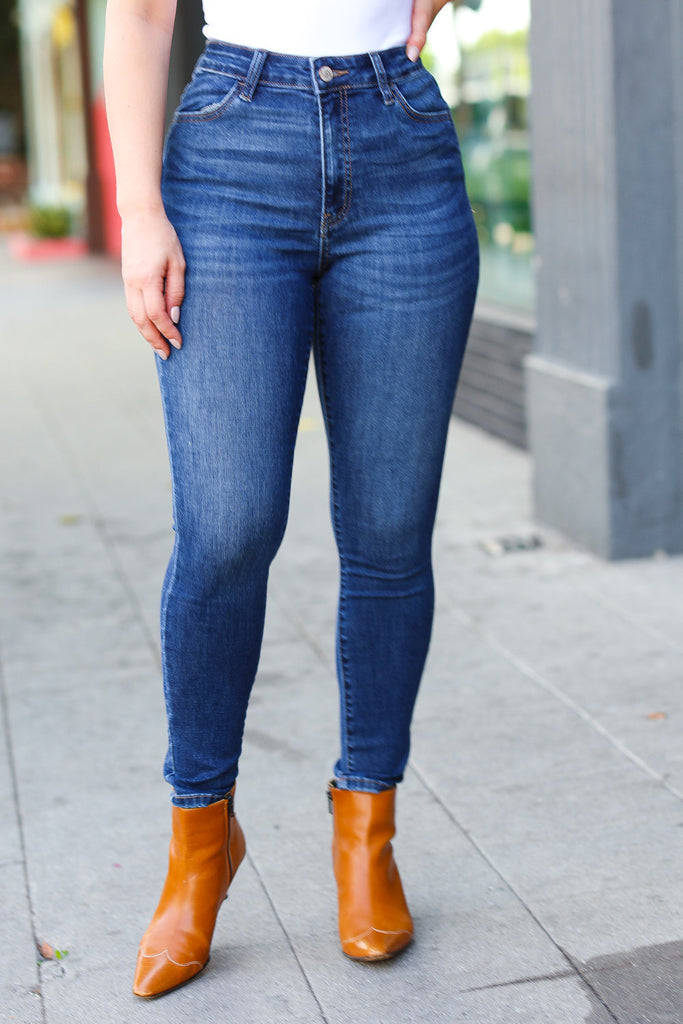 Feeling Bold Dark Blue Denim High Rise Skinny Ankle Jeans-Timber Brooke Boutique, Online Women's Fashion Boutique in Amarillo, Texas