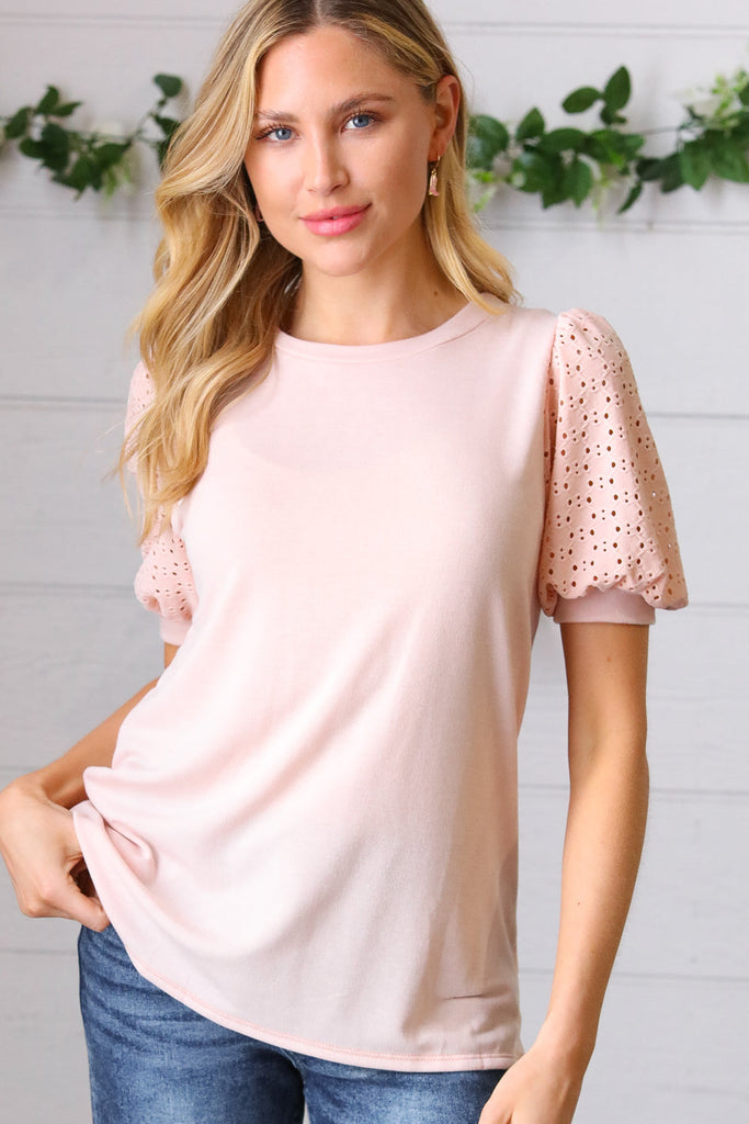 Peach Eyelet Puff Sleeve French Terry Top-Timber Brooke Boutique, Online Women's Fashion Boutique in Amarillo, Texas