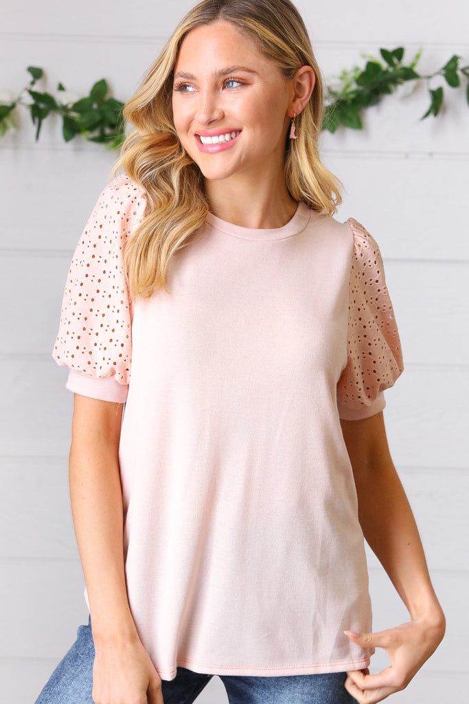Peach Eyelet Puff Sleeve French Terry Top-Timber Brooke Boutique, Online Women's Fashion Boutique in Amarillo, Texas
