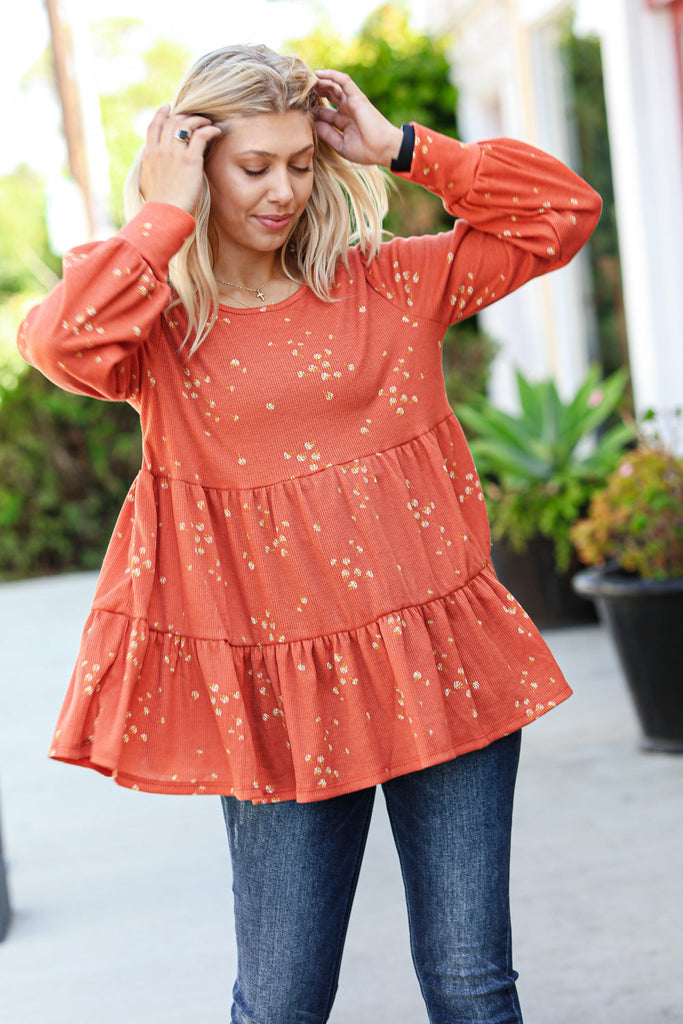 Hello Beautiful Rust Ditzy Floral Thermal Tiered Babydoll Top-Timber Brooke Boutique, Online Women's Fashion Boutique in Amarillo, Texas