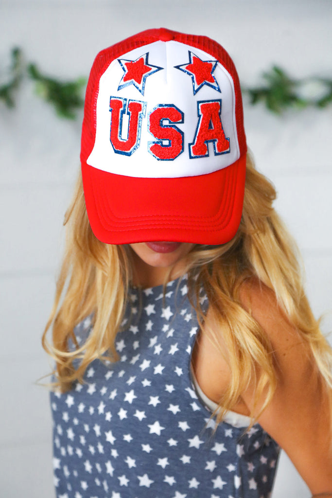 USA Glitter Star USA Snap Back Mesh Trucker Cap-Accessories-Timber Brooke Boutique, Online Women's Fashion Boutique in Amarillo, Texas