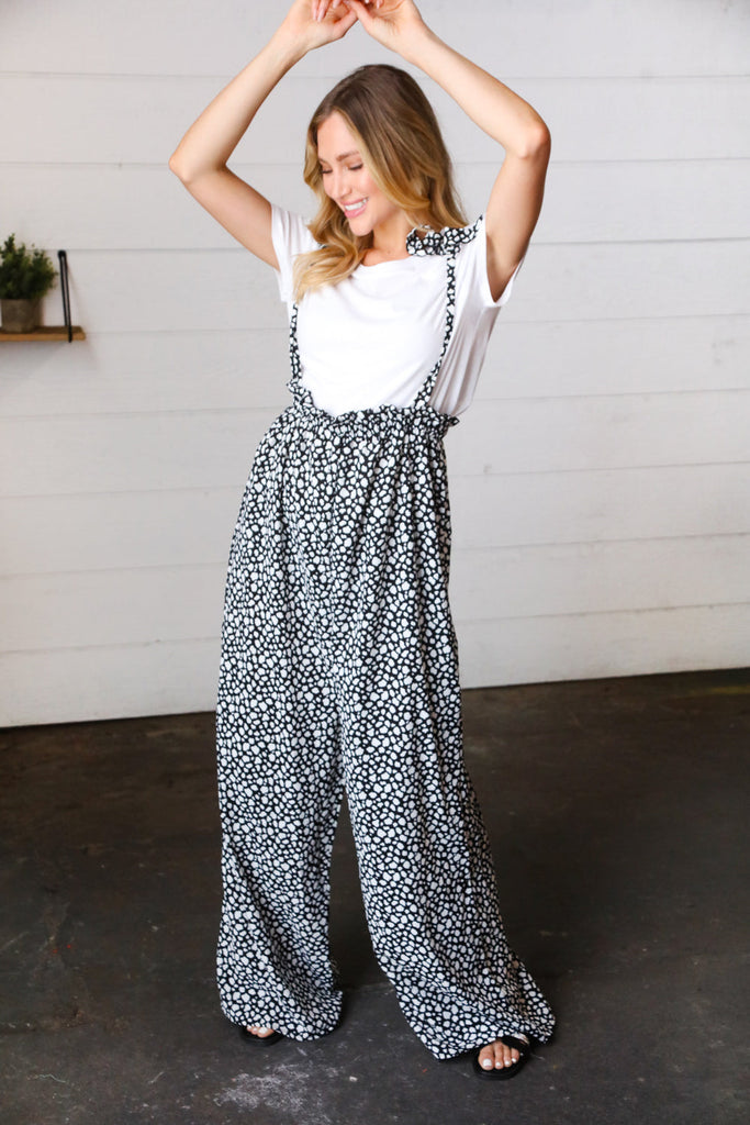 Black & White Animal Print Wide Leg Frilled Jumpsuit-Timber Brooke Boutique, Online Women's Fashion Boutique in Amarillo, Texas