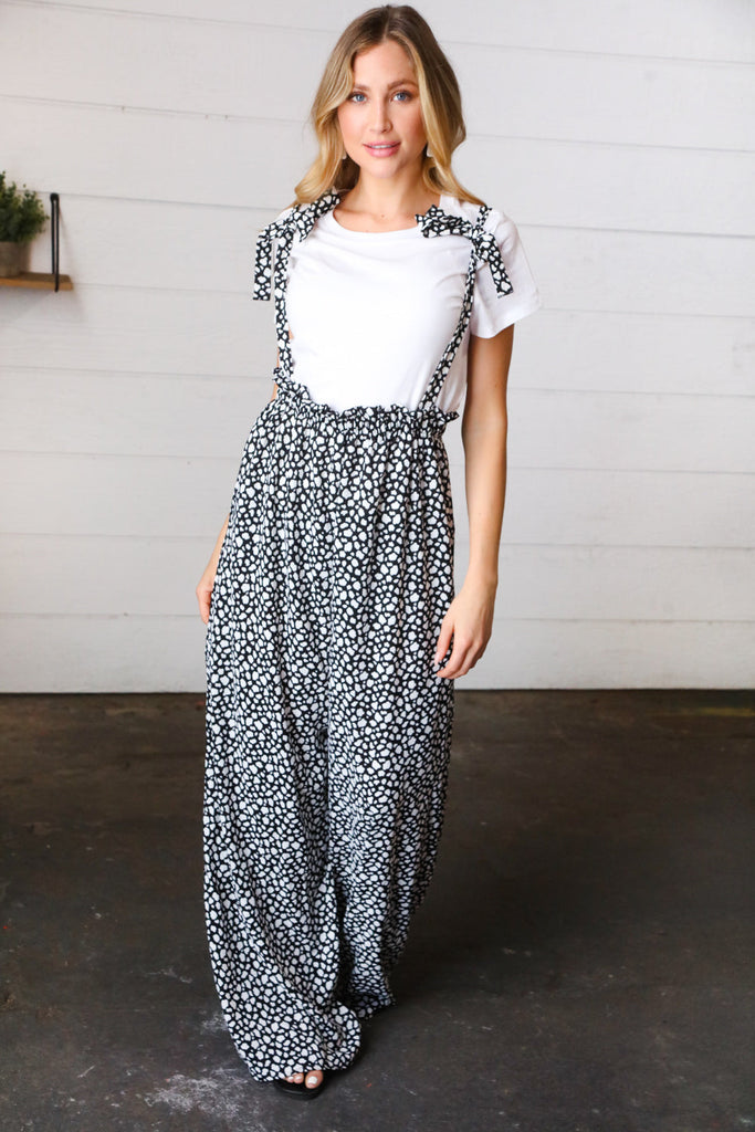 Black & White Animal Print Wide Leg Frilled Jumpsuit-Timber Brooke Boutique, Online Women's Fashion Boutique in Amarillo, Texas