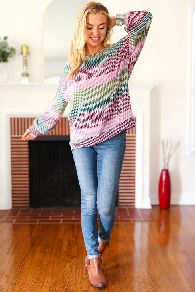 Classic Chic Olive & Burgundy Striped Textured Knit Top-Timber Brooke Boutique, Online Women's Fashion Boutique in Amarillo, Texas