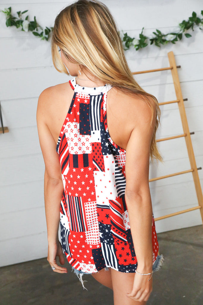 Patriotic Patchwork Halter Neck Waffle Knit Top-Tank Tops-Timber Brooke Boutique, Online Women's Fashion Boutique in Amarillo, Texas