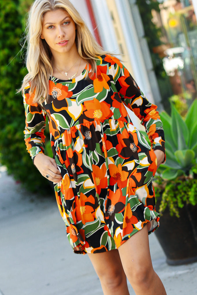 Orange & Olive Floral Long Sleeve Babydoll Dress-Timber Brooke Boutique, Online Women's Fashion Boutique in Amarillo, Texas