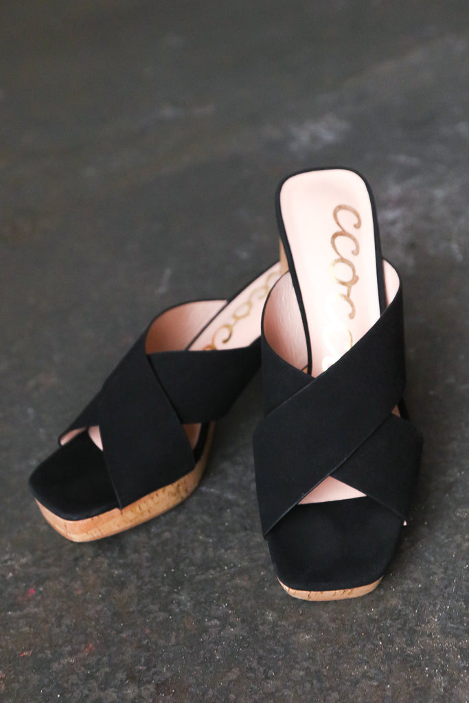 Black Chandra Faux Leather Cork Platform Sandals-Timber Brooke Boutique, Online Women's Fashion Boutique in Amarillo, Texas