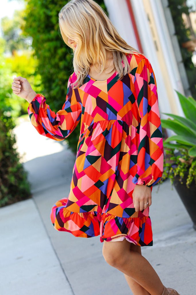 Living Out Loud Sepia & Magenta Geo Ruffle Dress-Timber Brooke Boutique, Online Women's Fashion Boutique in Amarillo, Texas