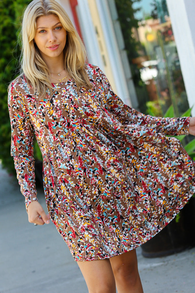 Taupe & Maroon Floral Long Sleeve Babydoll Dress-Timber Brooke Boutique, Online Women's Fashion Boutique in Amarillo, Texas