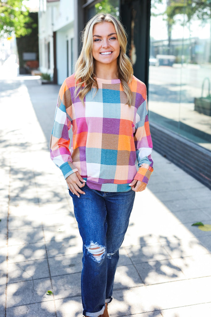 Charming Berry Plaid Checker Print Hacci Sweater Top-Timber Brooke Boutique, Online Women's Fashion Boutique in Amarillo, Texas