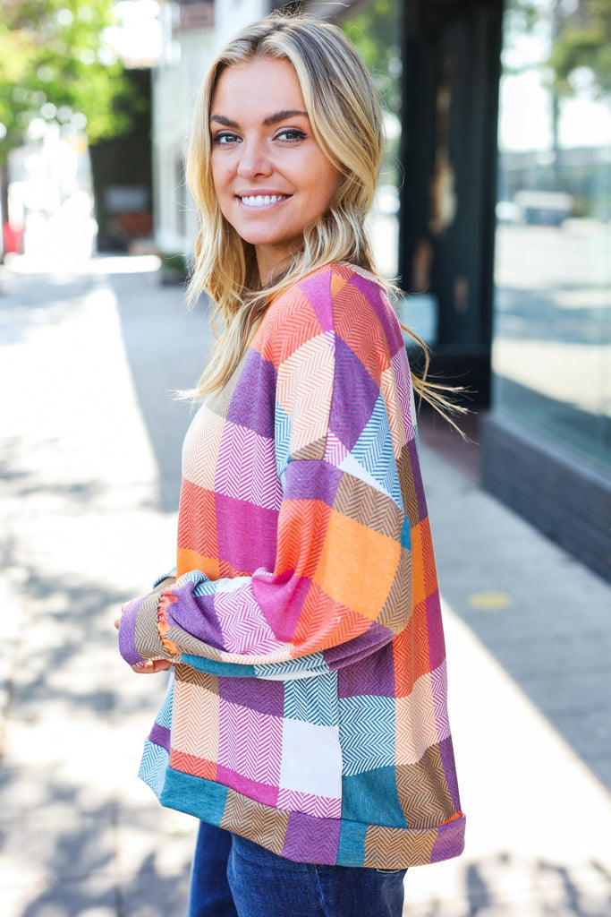 Charming Berry Plaid Checker Print Hacci Sweater Top-Timber Brooke Boutique, Online Women's Fashion Boutique in Amarillo, Texas