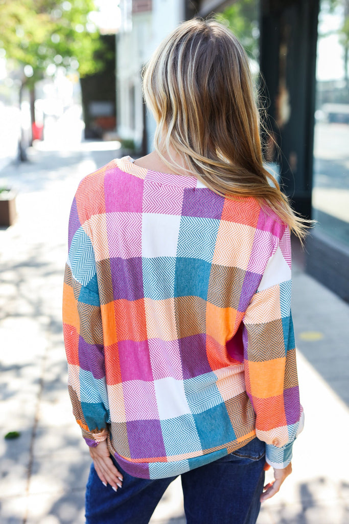 Charming Berry Plaid Checker Print Hacci Sweater Top-Timber Brooke Boutique, Online Women's Fashion Boutique in Amarillo, Texas