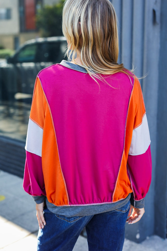 Brighten My Day Magenta Color Block Outseam Terry Top-Timber Brooke Boutique, Online Women's Fashion Boutique in Amarillo, Texas