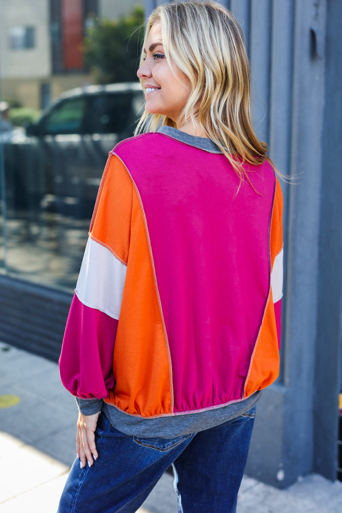 Brighten My Day Magenta Color Block Outseam Terry Top-Timber Brooke Boutique, Online Women's Fashion Boutique in Amarillo, Texas