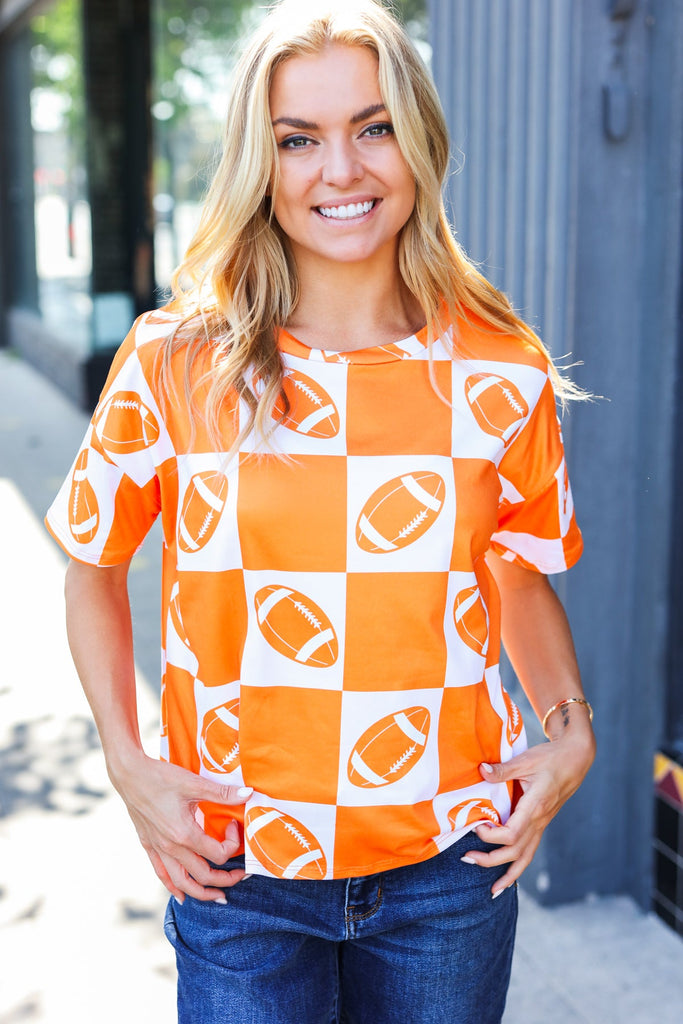 Turn Up The Volume Orange Football Checker Top-Timber Brooke Boutique, Online Women's Fashion Boutique in Amarillo, Texas