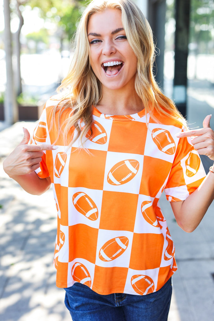 Turn Up The Volume Orange Football Checker Top-Timber Brooke Boutique, Online Women's Fashion Boutique in Amarillo, Texas