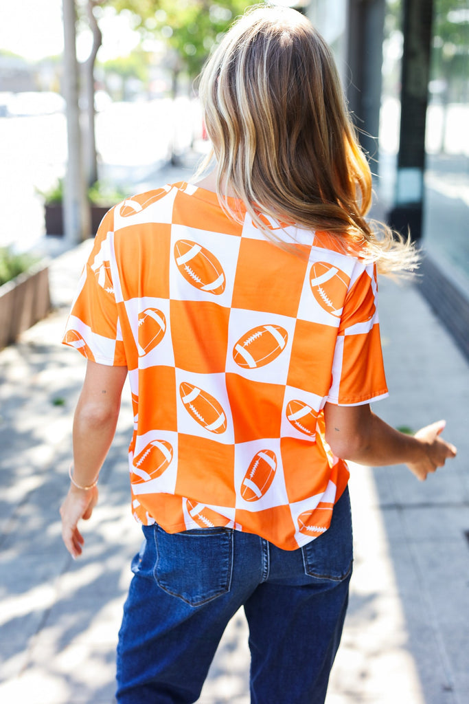 Turn Up The Volume Orange Football Checker Top-Timber Brooke Boutique, Online Women's Fashion Boutique in Amarillo, Texas