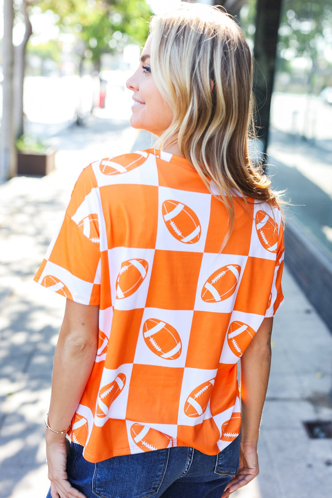 Turn Up The Volume Orange Football Checker Top-Timber Brooke Boutique, Online Women's Fashion Boutique in Amarillo, Texas