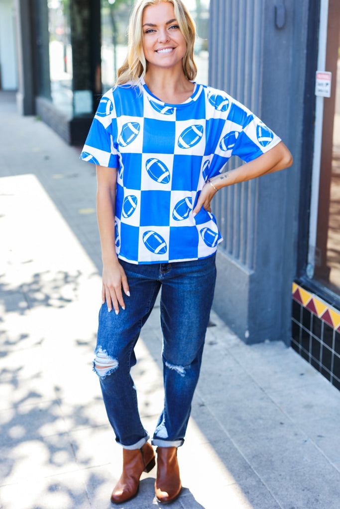 Turn Up The Volume Blue Football Checker Print Top-Timber Brooke Boutique, Online Women's Fashion Boutique in Amarillo, Texas