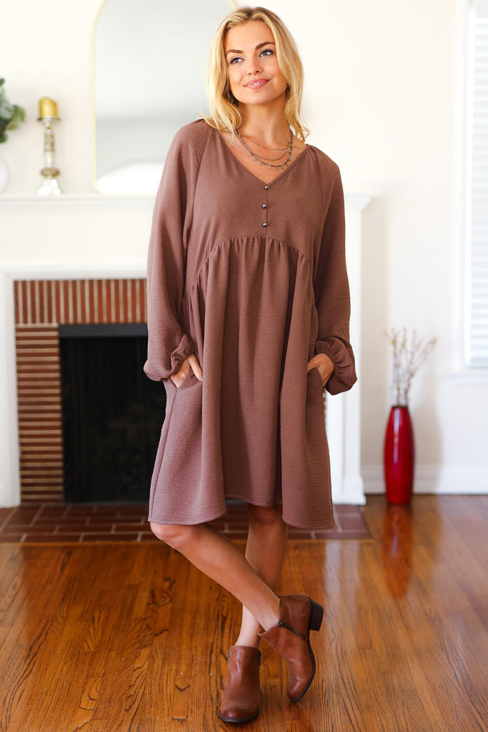 Beautiful You Mocha Woven Waffle V Neck Babydoll Dress-Timber Brooke Boutique, Online Women's Fashion Boutique in Amarillo, Texas