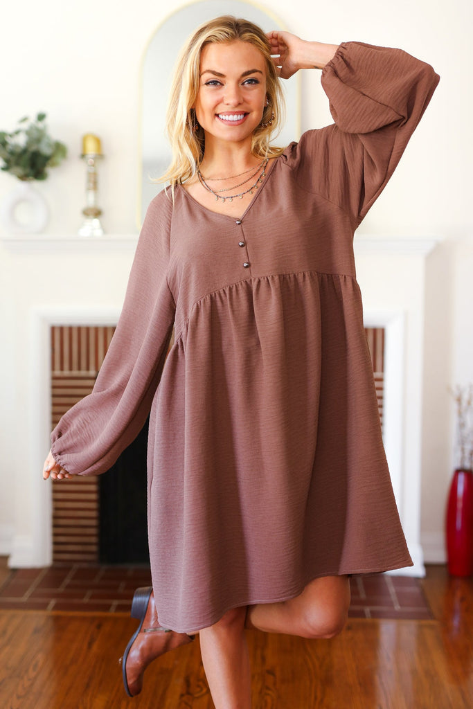 Beautiful You Mocha Woven Waffle V Neck Babydoll Dress-Timber Brooke Boutique, Online Women's Fashion Boutique in Amarillo, Texas