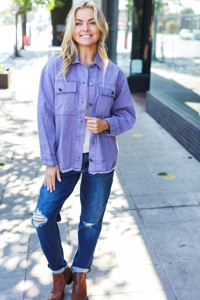 Be Bold In Purple Haze Frayed Denim Jacket-Timber Brooke Boutique, Online Women's Fashion Boutique in Amarillo, Texas