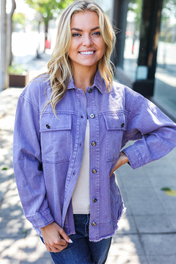 Be Bold In Purple Haze Frayed Denim Jacket-Timber Brooke Boutique, Online Women's Fashion Boutique in Amarillo, Texas