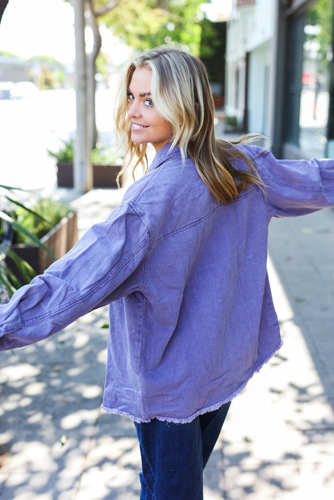 Be Bold In Purple Haze Frayed Denim Jacket-Timber Brooke Boutique, Online Women's Fashion Boutique in Amarillo, Texas