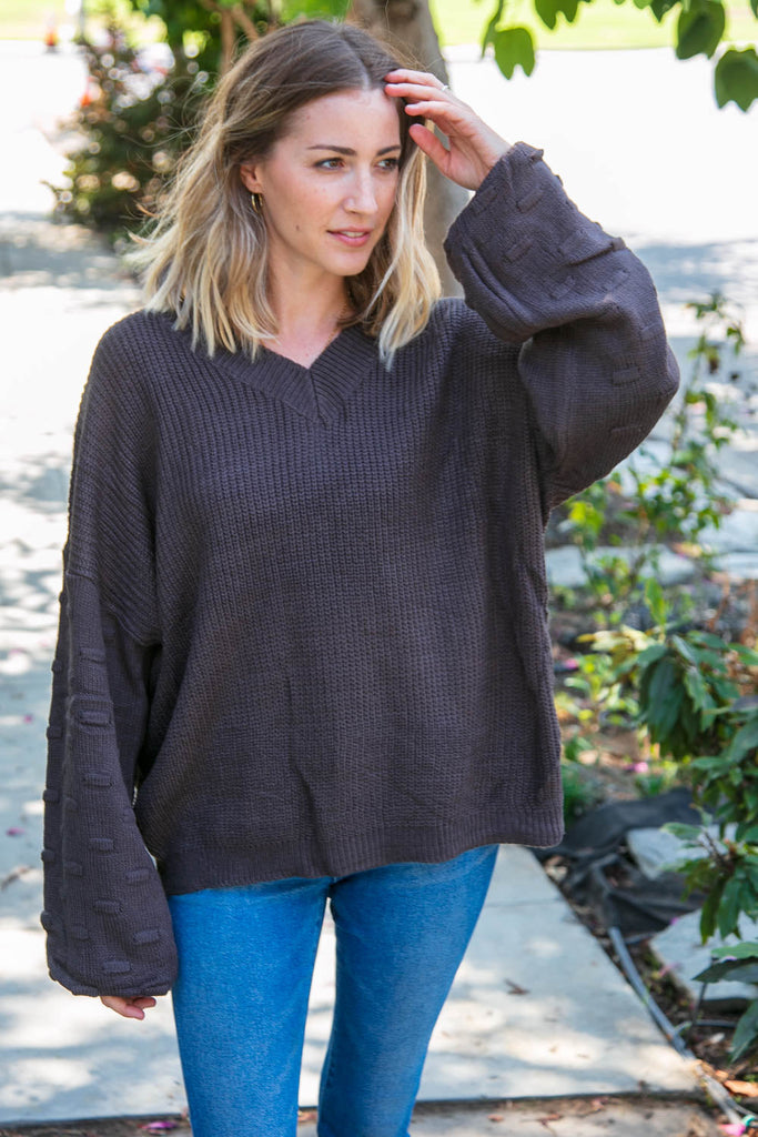 Charcoal Texture Patterned Bubble Sleeve Sweater-Timber Brooke Boutique, Online Women's Fashion Boutique in Amarillo, Texas