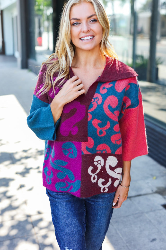 Feeling Your Best Wine Abstract Print Color Block Collar V Neck Sweater-Timber Brooke Boutique, Online Women's Fashion Boutique in Amarillo, Texas