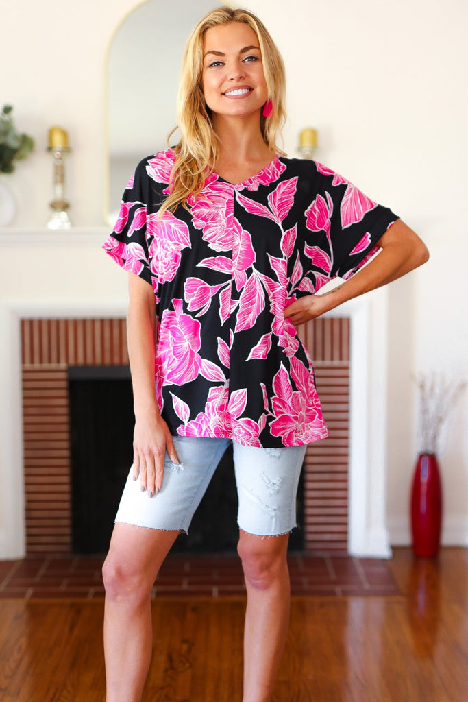 Tropical Vibes Black & Hot Pink Floral V Neck Top-Timber Brooke Boutique, Online Women's Fashion Boutique in Amarillo, Texas