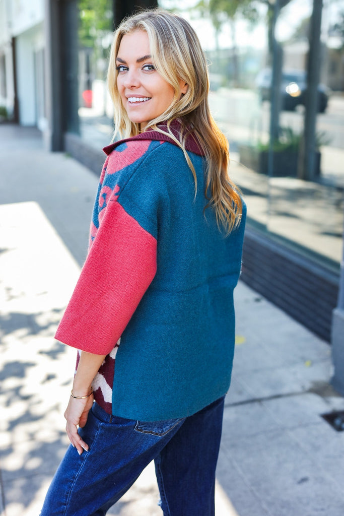 Feeling Your Best Wine Abstract Print Color Block Collar V Neck Sweater-Timber Brooke Boutique, Online Women's Fashion Boutique in Amarillo, Texas