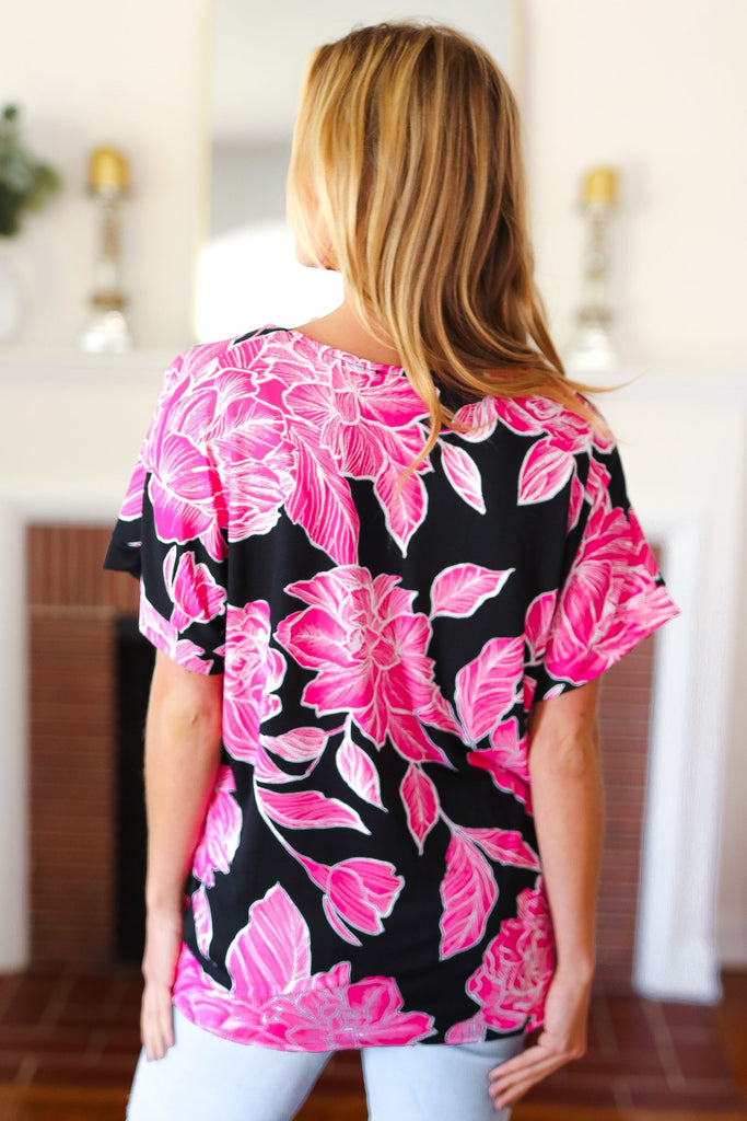 Tropical Vibes Black & Hot Pink Floral V Neck Top-Timber Brooke Boutique, Online Women's Fashion Boutique in Amarillo, Texas