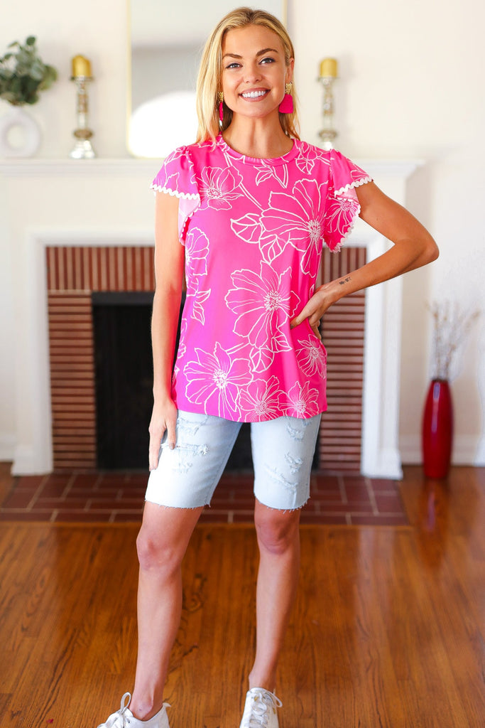 Follow Me Fuchsia Floral Ric Rac Trim Flutter Sleeve Top-Timber Brooke Boutique, Online Women's Fashion Boutique in Amarillo, Texas