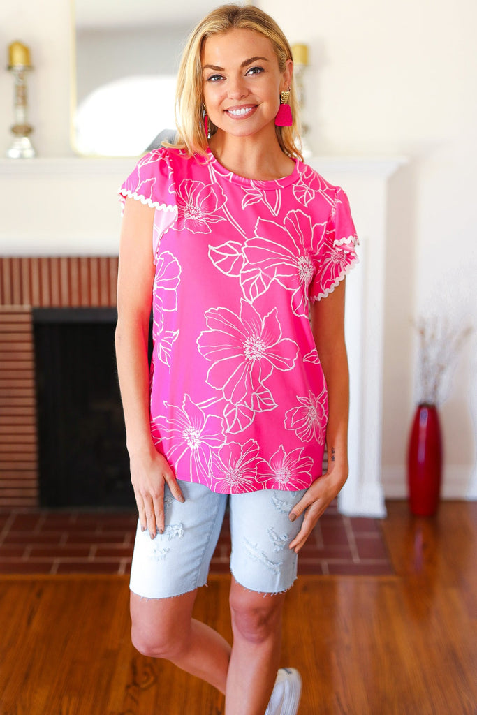 Follow Me Fuchsia Floral Ric Rac Trim Flutter Sleeve Top-Timber Brooke Boutique, Online Women's Fashion Boutique in Amarillo, Texas