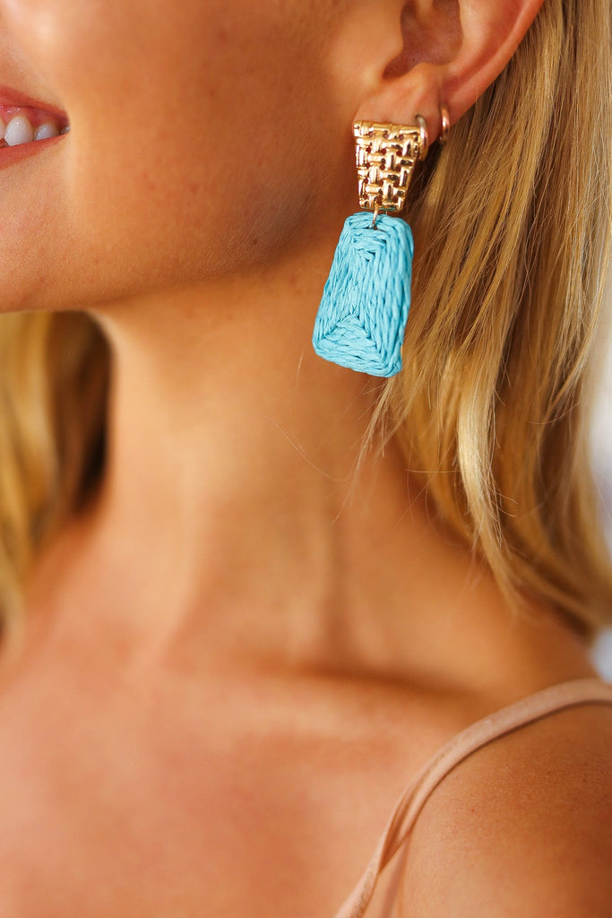 Azure & Gold Geometric Raffia Woven Earrings-Timber Brooke Boutique, Online Women's Fashion Boutique in Amarillo, Texas