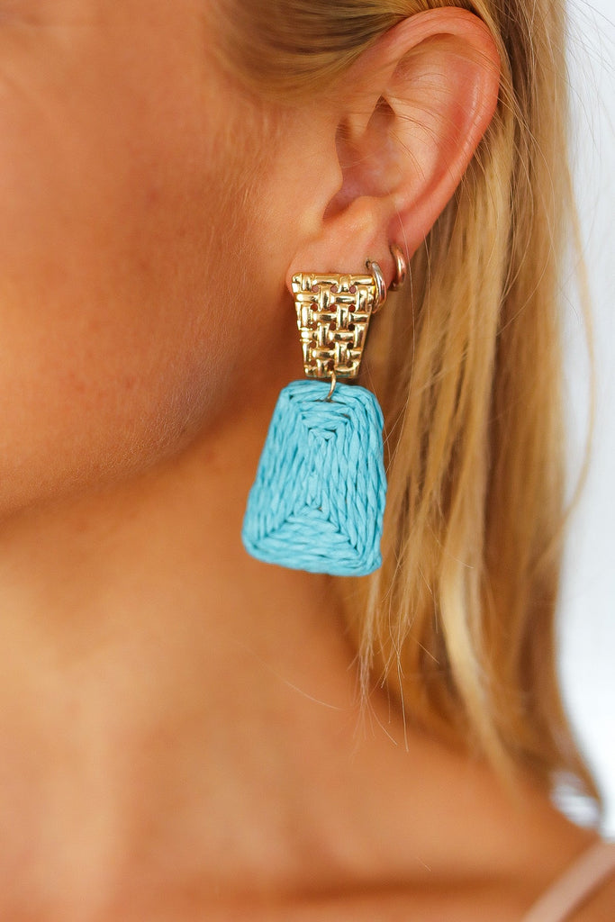 Azure & Gold Geometric Raffia Woven Earrings-Timber Brooke Boutique, Online Women's Fashion Boutique in Amarillo, Texas