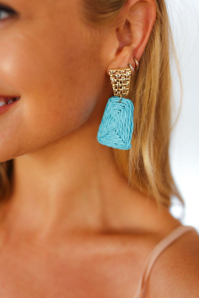 Azure & Gold Geometric Raffia Woven Earrings-Timber Brooke Boutique, Online Women's Fashion Boutique in Amarillo, Texas