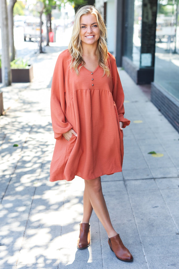 Beautiful You Rust Woven Waffle V Neck Babydoll Dress-Timber Brooke Boutique, Online Women's Fashion Boutique in Amarillo, Texas