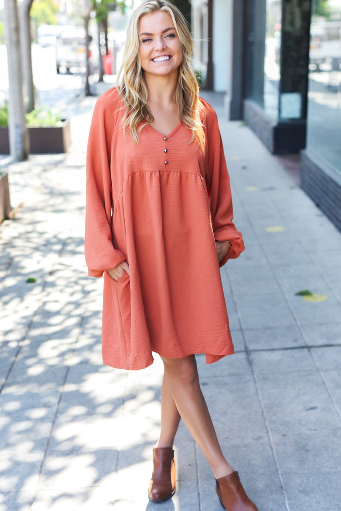 Beautiful You Rust Woven Waffle V Neck Babydoll Dress-Timber Brooke Boutique, Online Women's Fashion Boutique in Amarillo, Texas